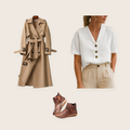 The Kensington 3 piece set: beige belted trench coat, white cotton-linen t-shirt and brown ankle boots