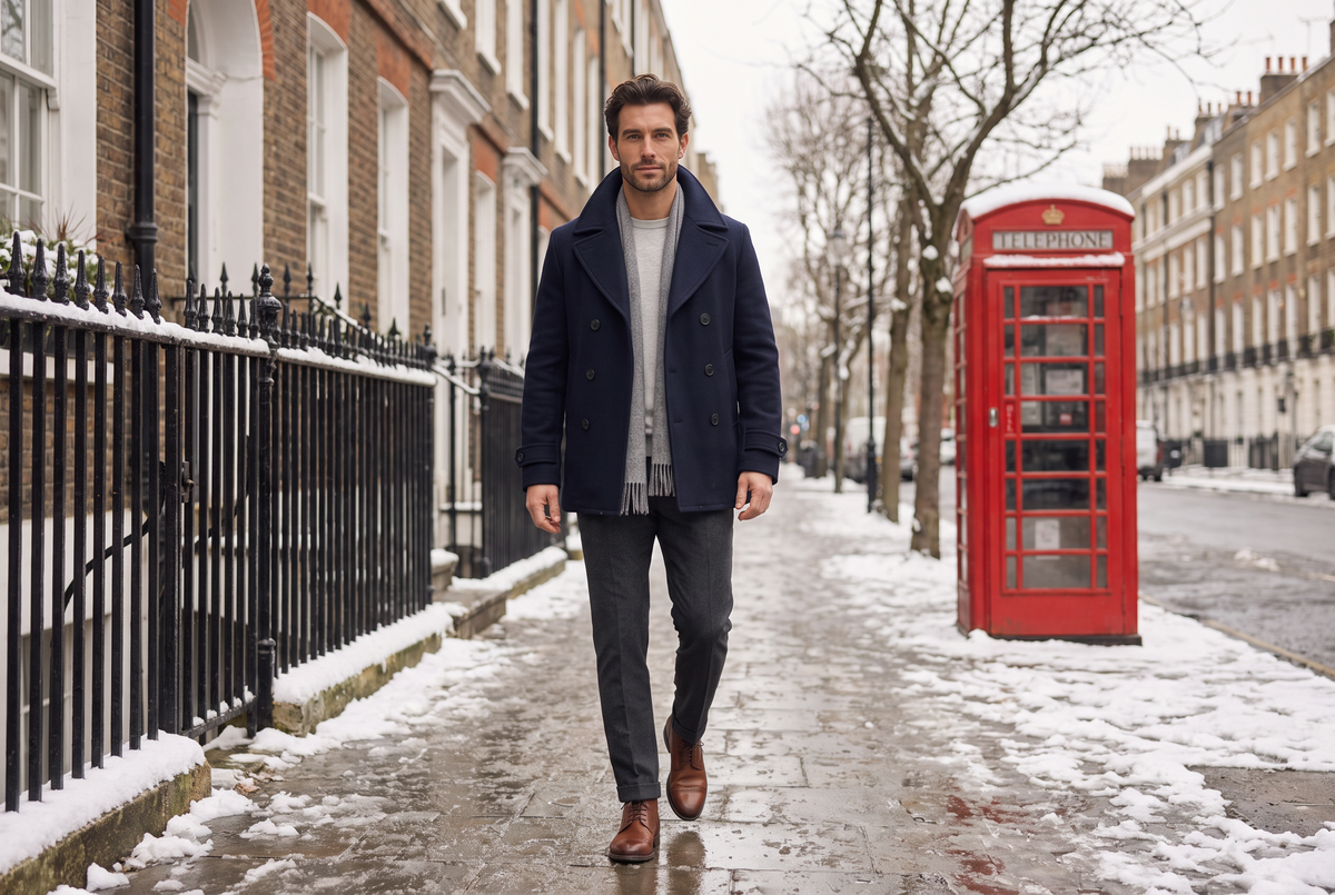 Men's winter fashion: navy peacoat on a snowy London street