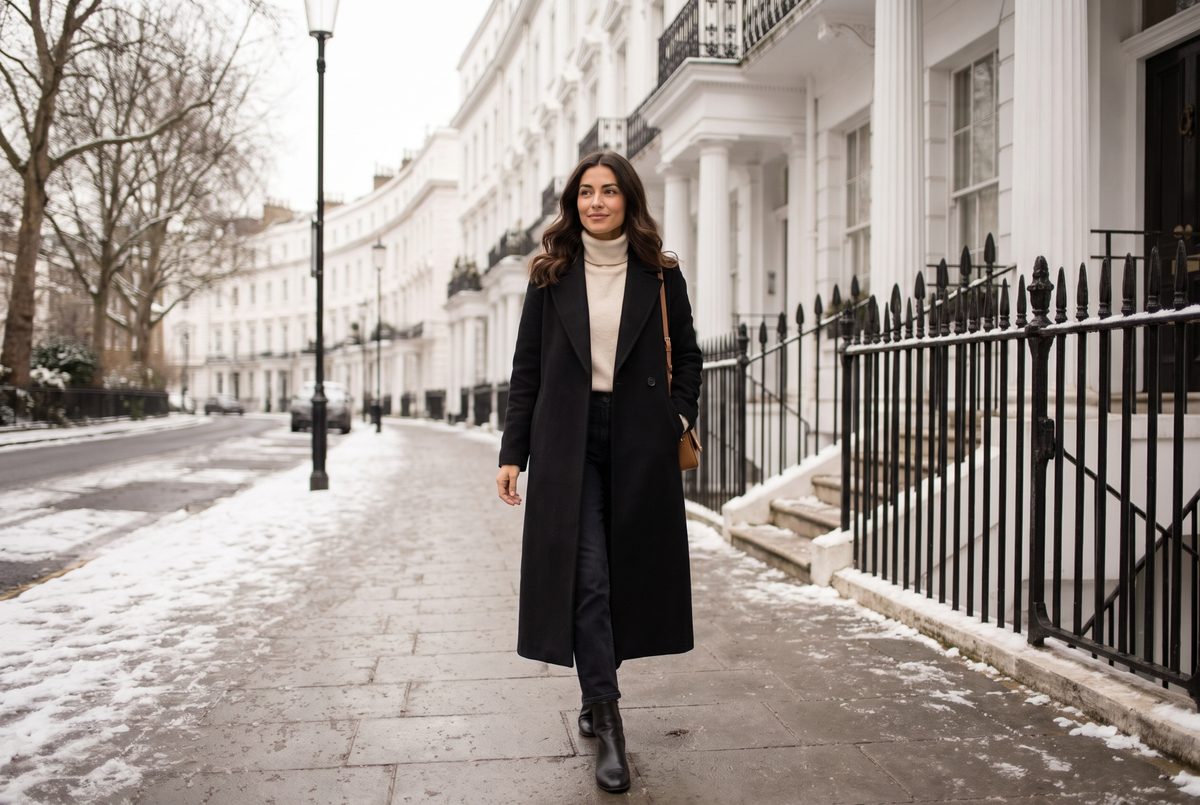 Women's winter fashion: black wool coat on a snowy London street