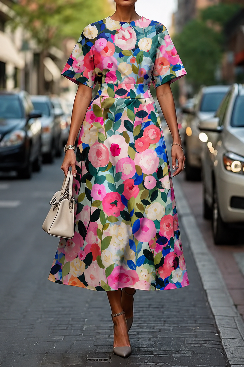 Evelyn – Draped Botanical Midi Dress Womenswear