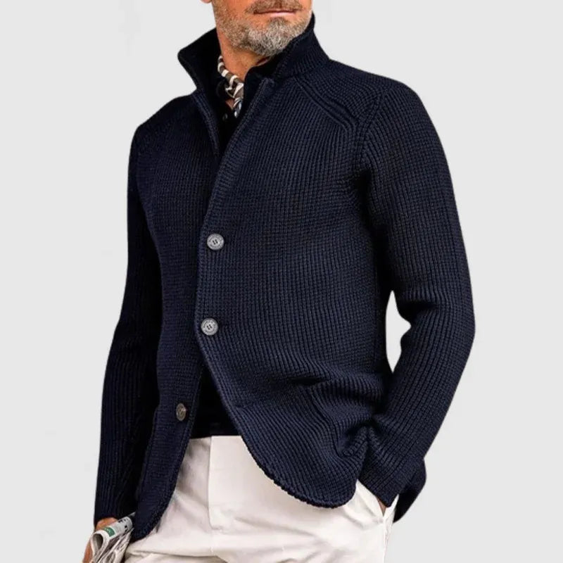 Men's cardigan with a high collar and button placket | L&S - 1 - London-stylehouse.com