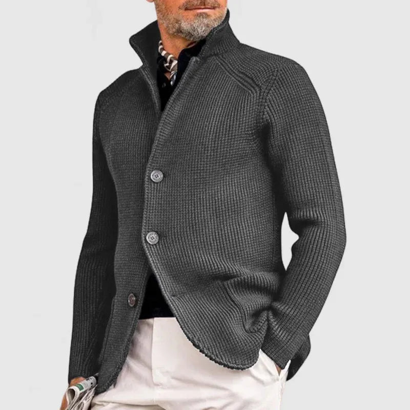 Men's cardigan with a high collar and button placket | L&S - 4 - London-stylehouse.com