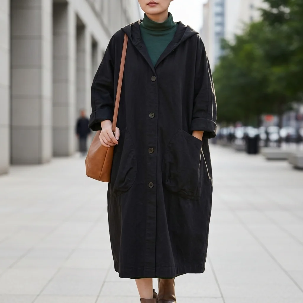 Women's long utility jacket with hood and pockets | L&S - 4 - London-stylehouse.com