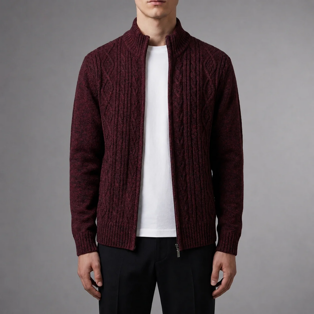 Men's Cable Knit Jacket with Stand-Up Collar | L&S - 4 - London-stylehouse.com