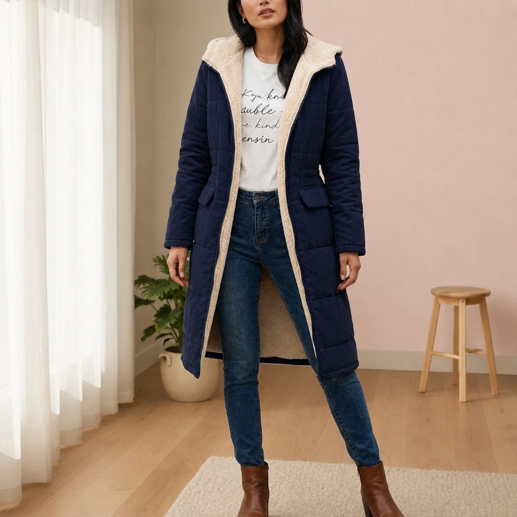Long women's puffer jacket with hood and cosy fleece lining | L&S - 11 - London-stylehouse.com