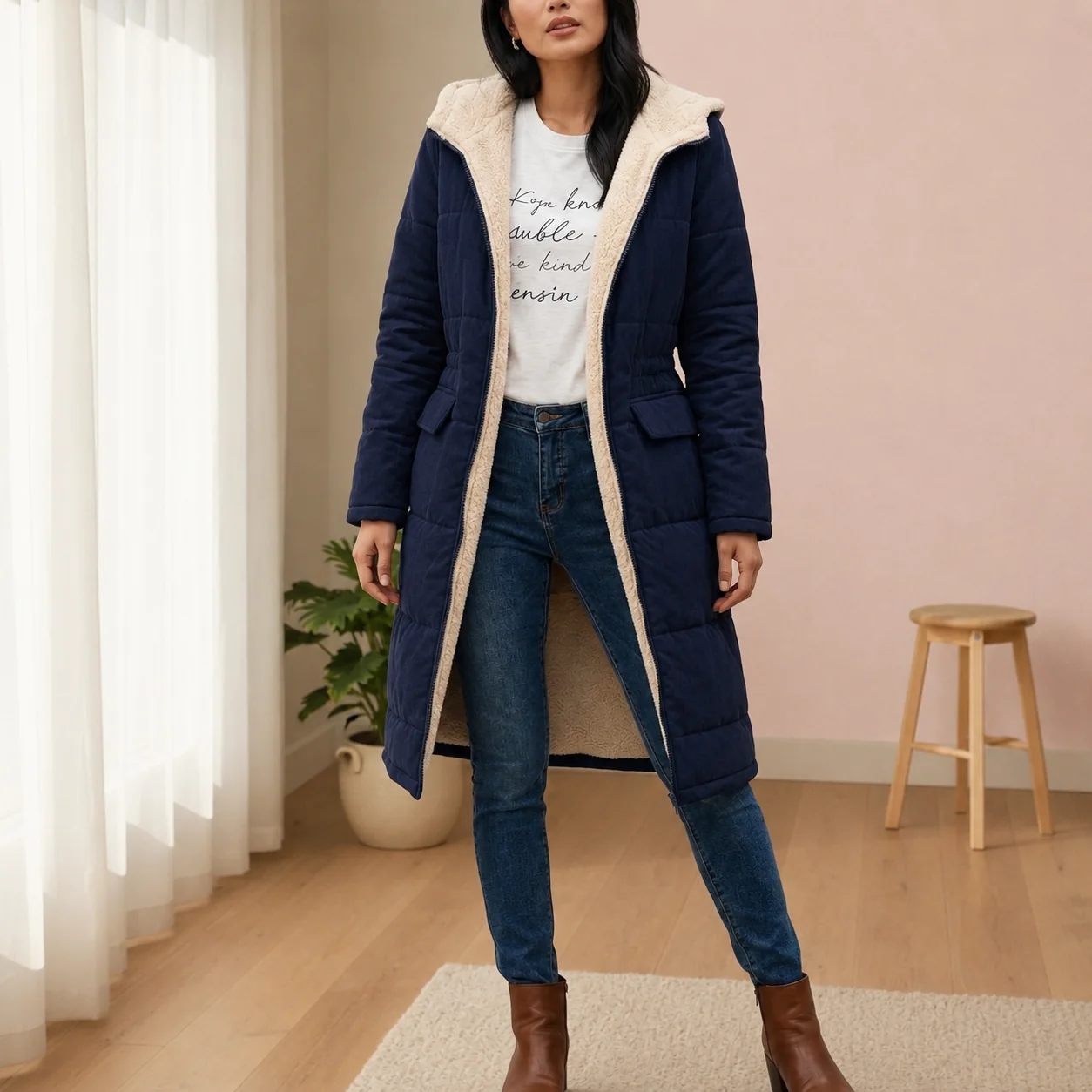 Long women's puffer jacket with hood and cosy fleece lining | L&S - 11 - London-stylehouse.com