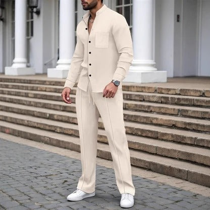 Men's Two-Piece Set with Button Placket and Tailored Trousers | L&S - 2 - London-stylehouse.com