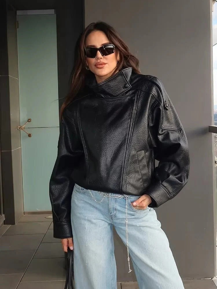Women's oversized biker jacket with high collar and button details | L&S - 1 - London-stylehouse.com