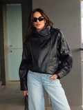 Women's oversized biker jacket with high collar and button details | L&S - 1 - London-stylehouse.com