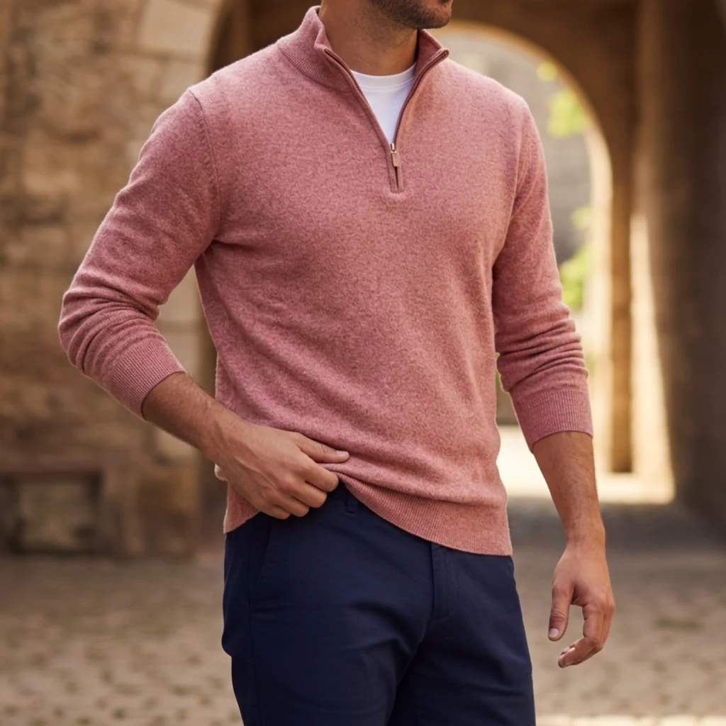 Men's zip-up sweater in textured finish in beige