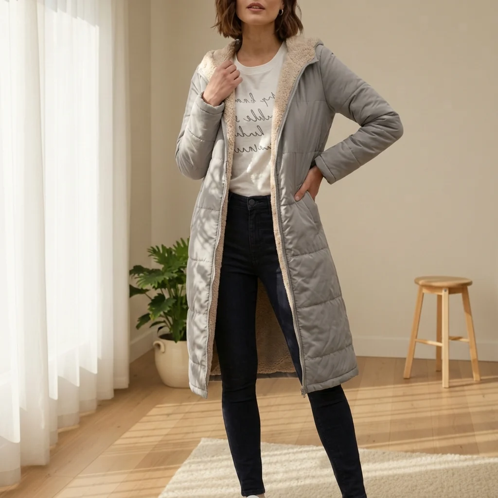 Long women's puffer jacket with hood and cosy fleece lining | L&S - 12 - London-stylehouse.com