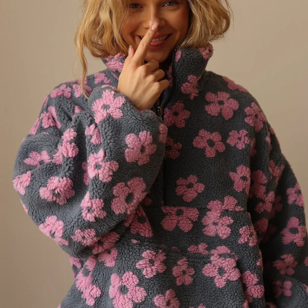 Jacket Women's Oversized Floral Print with Half Zip | L&S - 5 - London-stylehouse.com