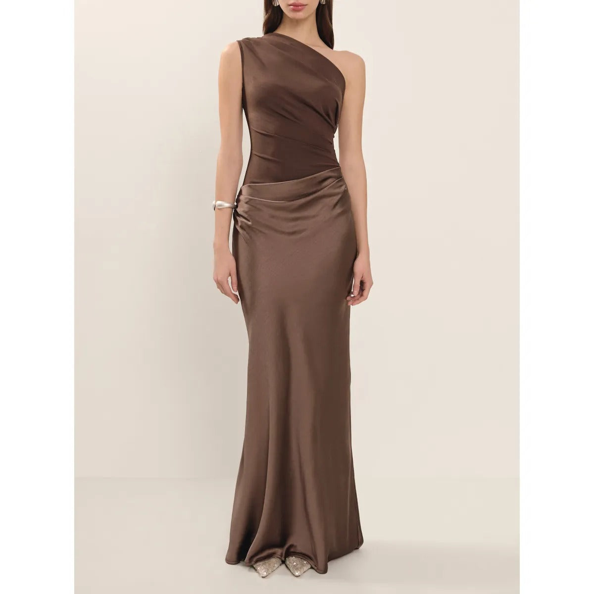 Isabella – One Shoulder Chocolate Brown Satin Evening Maxi Dress