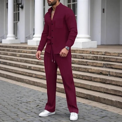 Men's Two-Piece Set with Button Placket and Tailored Trousers | L&S - 4 - London-stylehouse.com