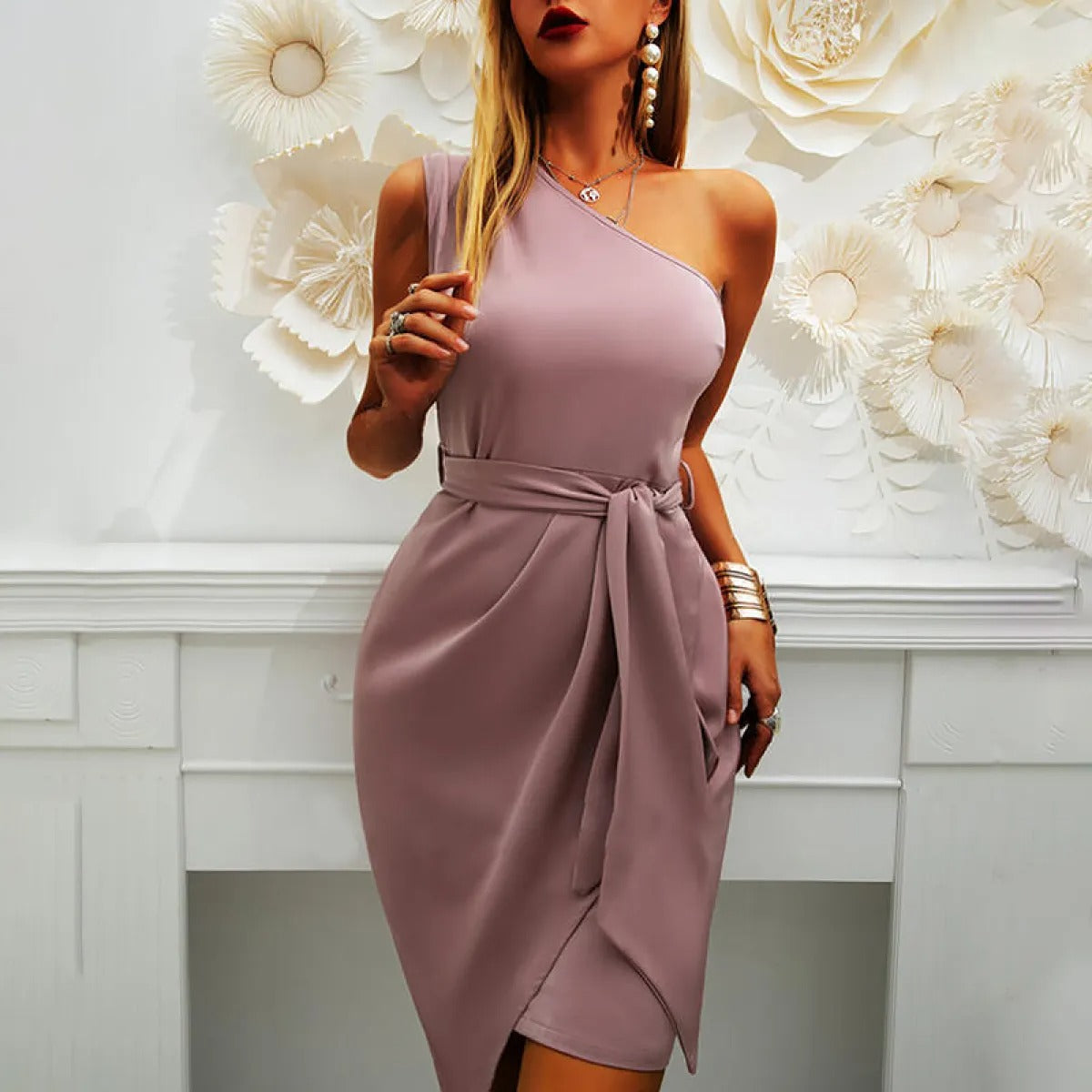 Alina – Women One-Shoulder Wrap with belt Dress