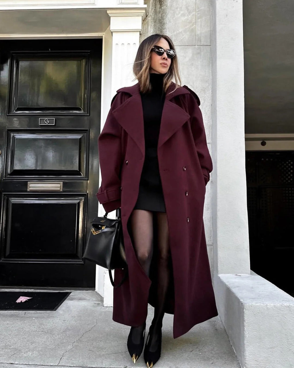 Long women's coat with a relaxed fit and double-breasted design | L&S - 4 - London-stylehouse.com