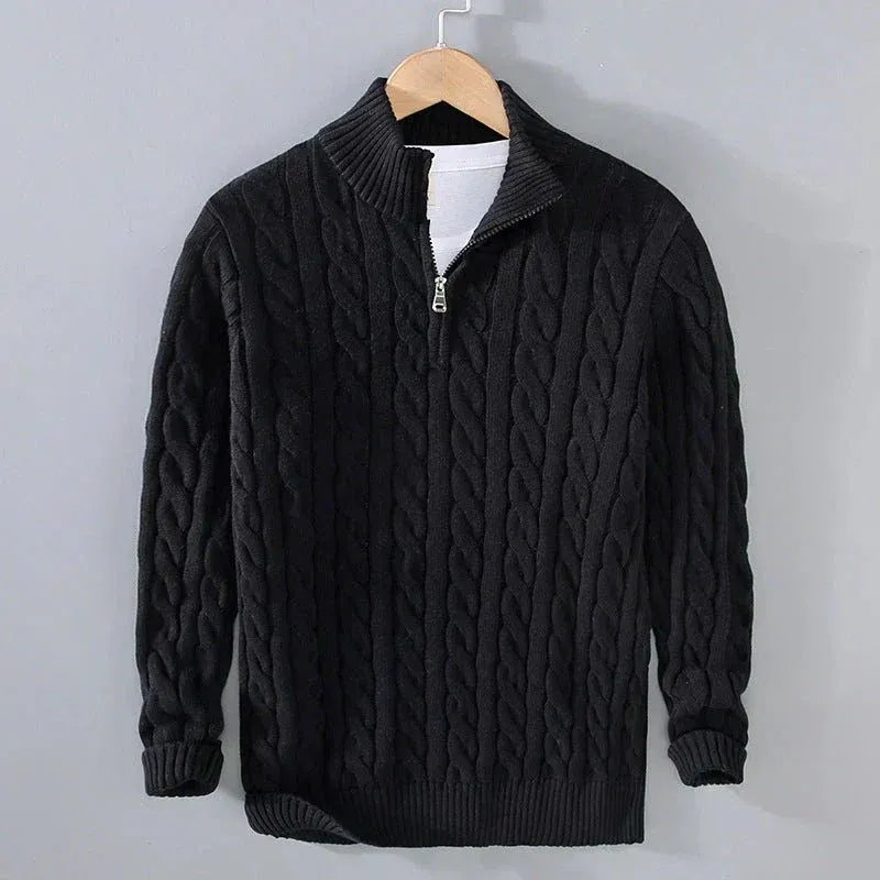 Men's cable-knit sweater with zip collar and ribbed hem | L&S - 2 - London-stylehouse.com