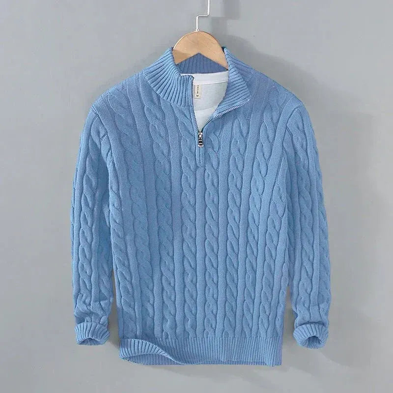 Men's cable-knit sweater with zip collar and ribbed hem | L&S - 4 - London-stylehouse.com