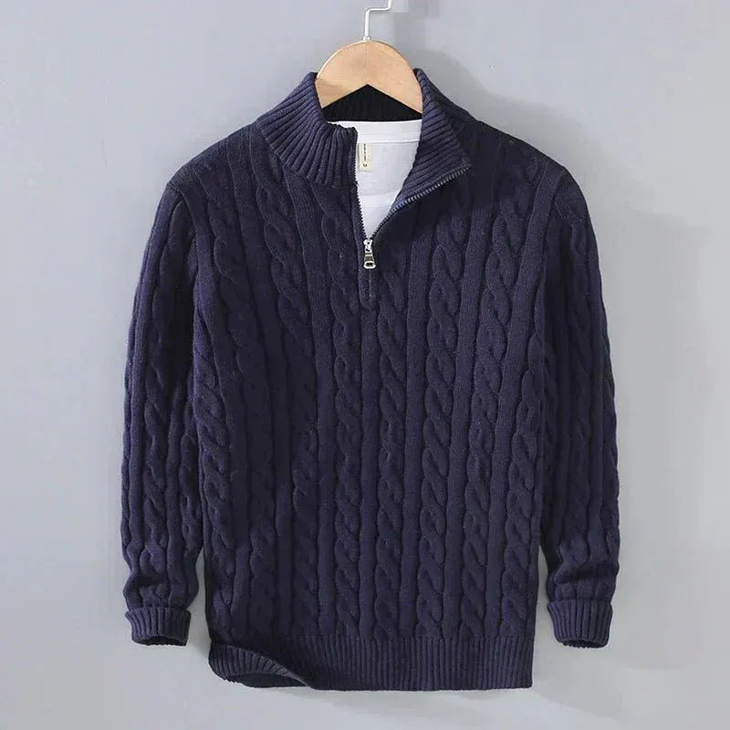 Men's cable-knit sweater with zip collar and ribbed hem | L&S - 5 - London-stylehouse.com