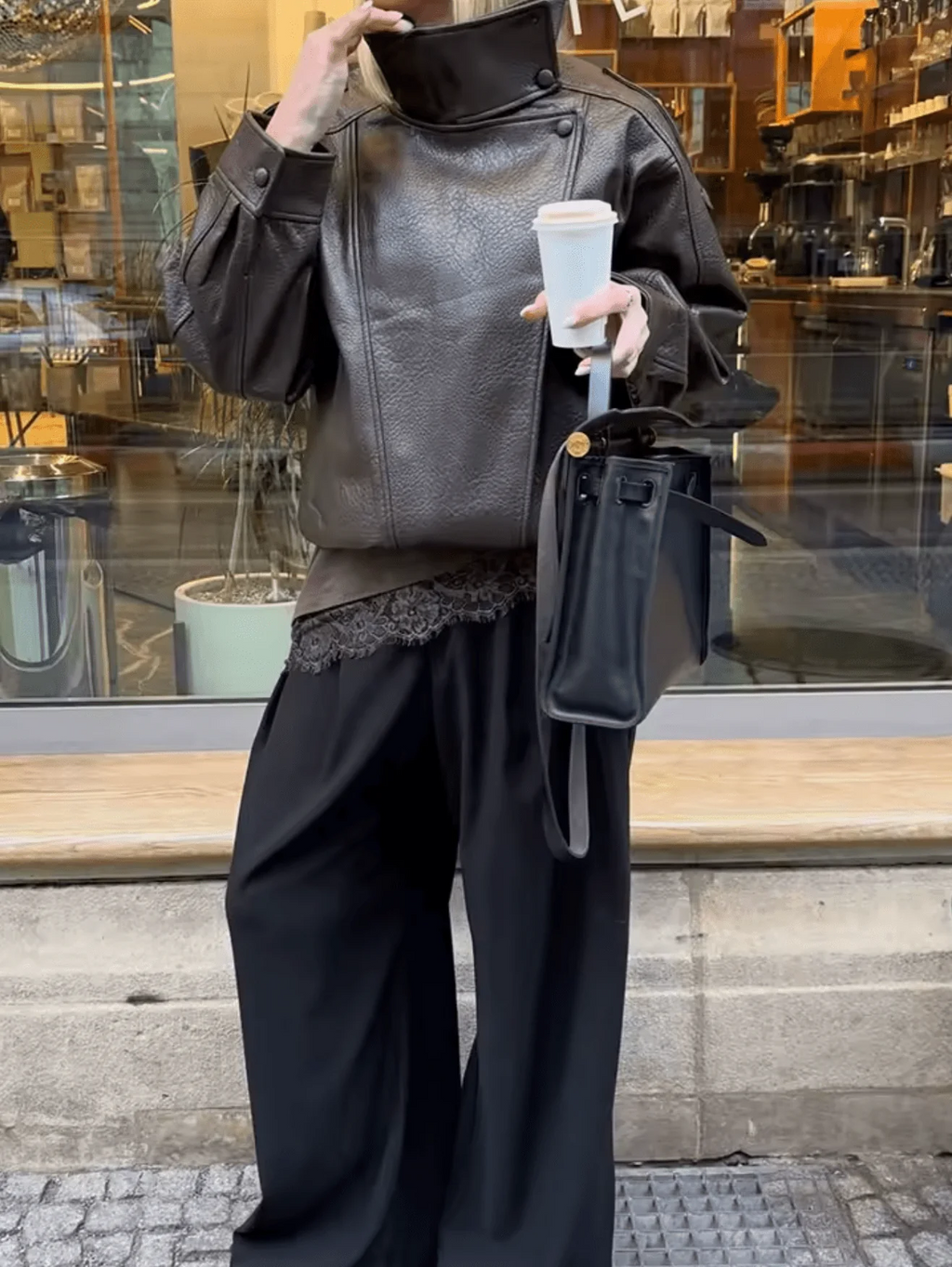Women's oversized biker jacket with high collar and button details | L&S - 4 - London-stylehouse.com