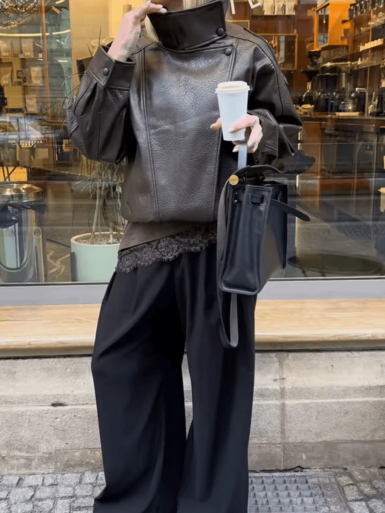Women's oversized biker jacket with high collar and button details | L&S - 4 - London-stylehouse.com
