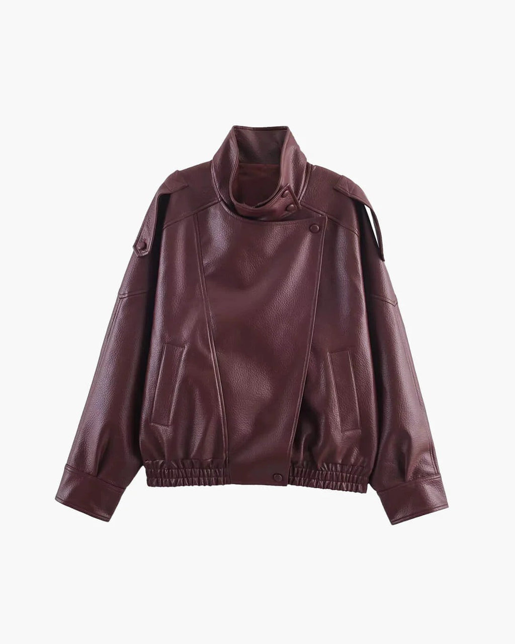 Women's oversized biker jacket with high collar and button details | L&S - 5 - London-stylehouse.com