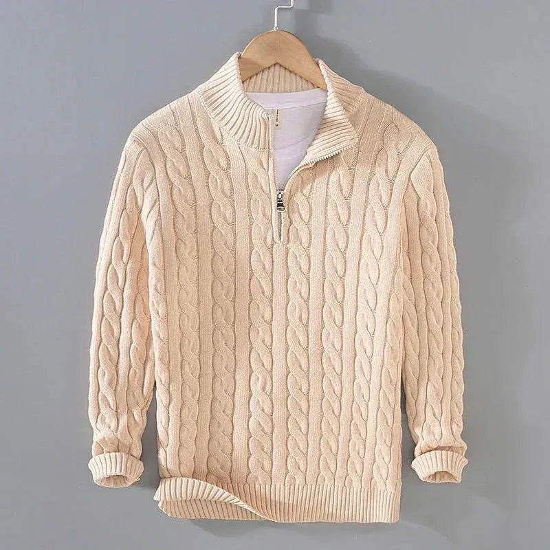 Men's cable-knit sweater with zip collar and ribbed hem | L&S - 1 - London-stylehouse.com