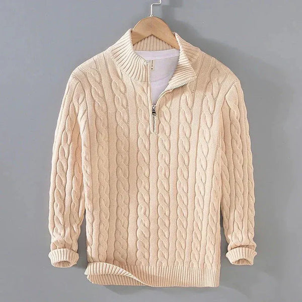 Men's cable-knit sweater with zip collar and ribbed hem | L&S - 1 - London-stylehouse.com