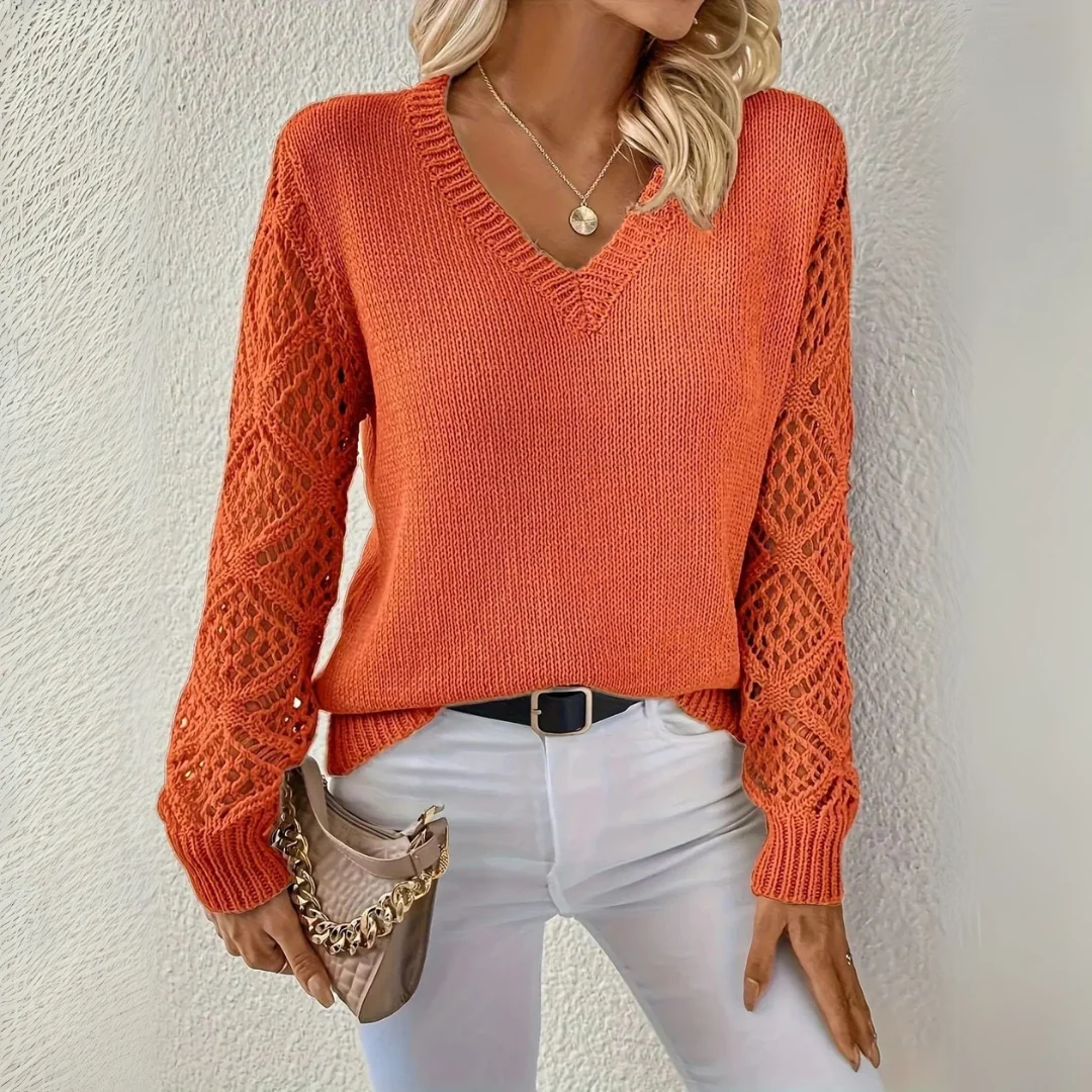 Women's V-neck Sweater with Textured Sleeves | L&S - 3 - London-stylehouse.com