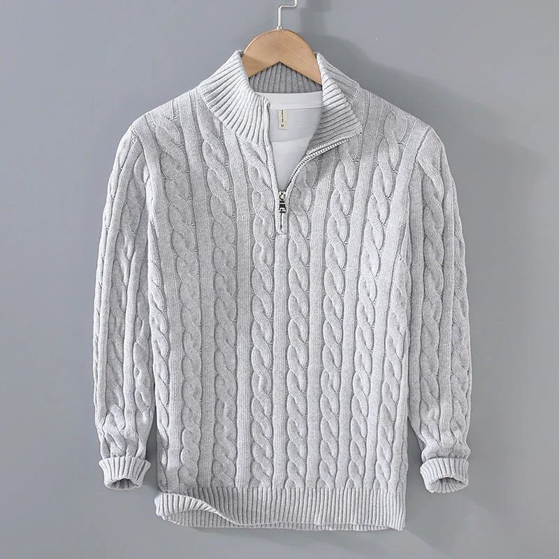 Men's cable-knit sweater with zip collar and ribbed hem | L&S - 3 - London-stylehouse.com