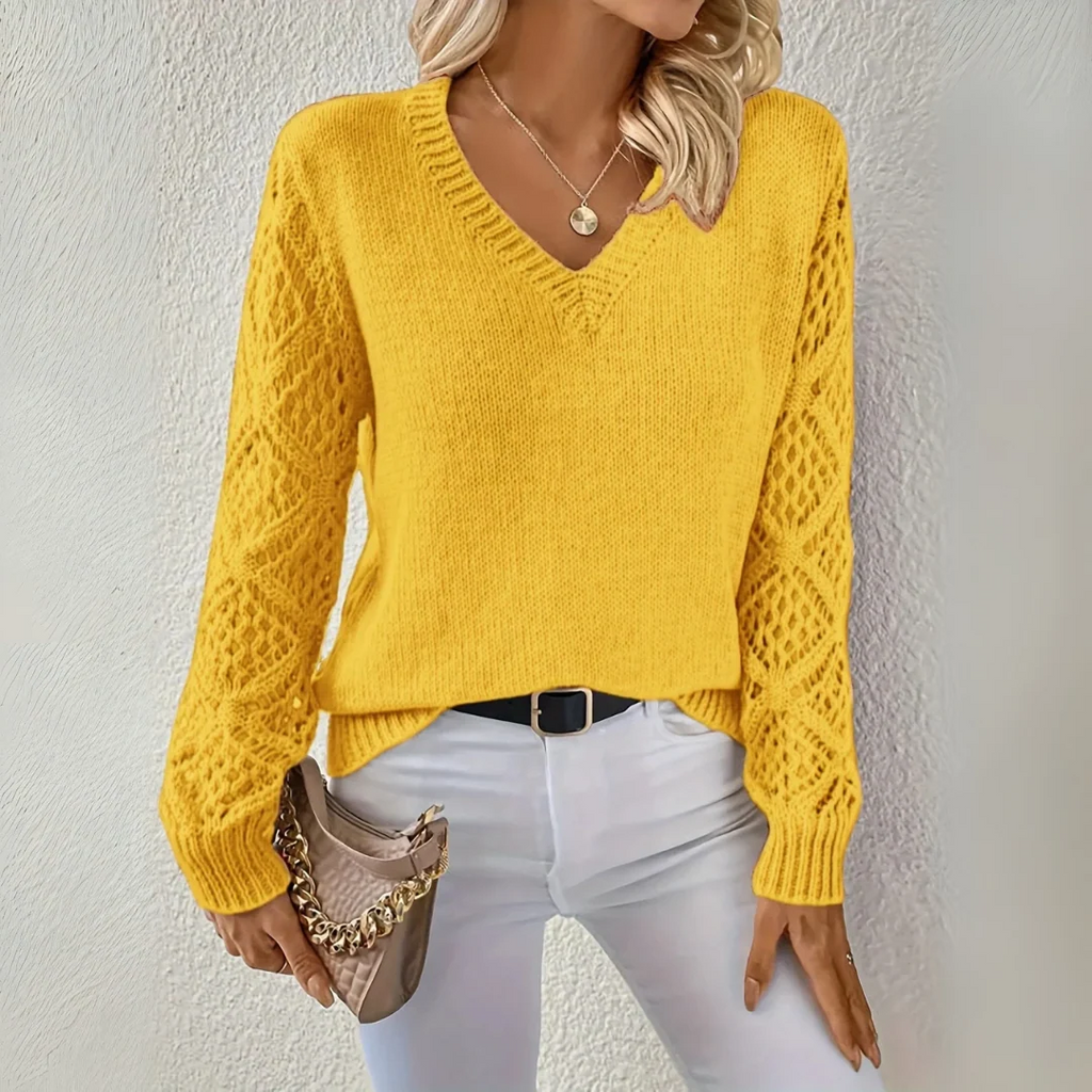 Women's V-neck Sweater with Textured Sleeves | L&S - 4 - London-stylehouse.com