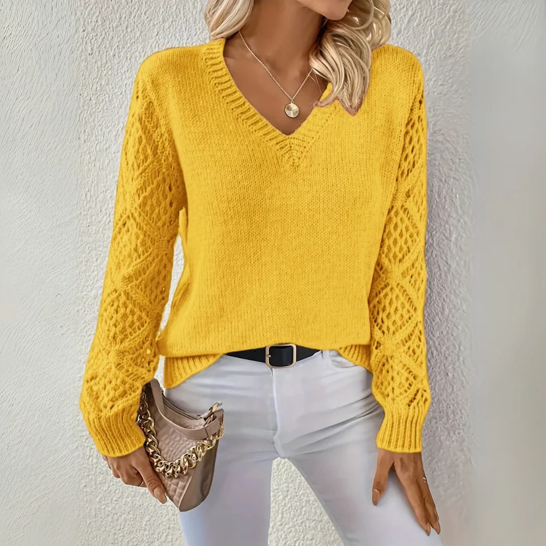 Women's V-neck Sweater with Textured Sleeves | L&S - 4 - London-stylehouse.com