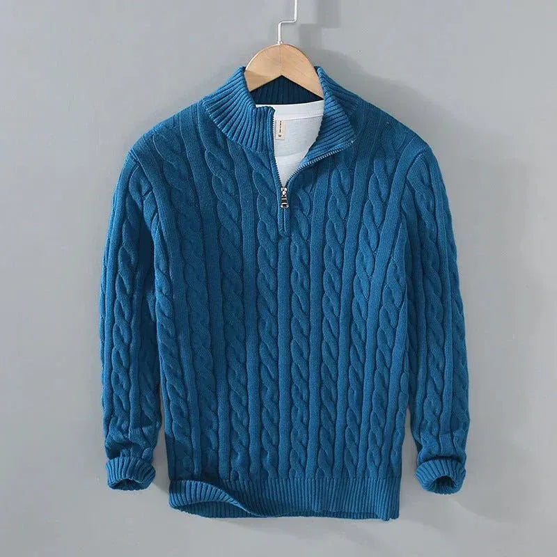 Men's cable-knit sweater with zip collar and ribbed hem | L&S - 6 - London-stylehouse.com