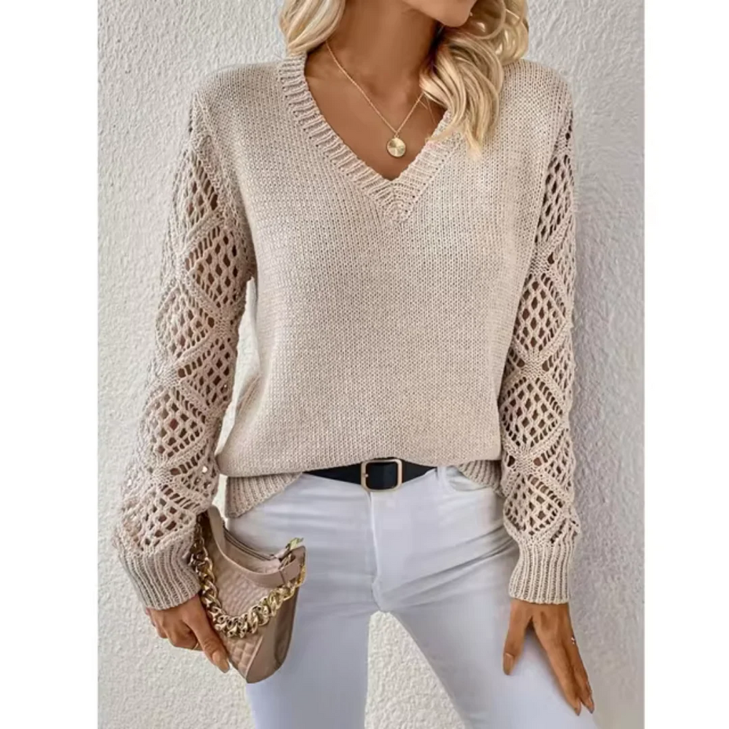 Women's V-neck Sweater with Textured Sleeves | L&S - 8 - London-stylehouse.com