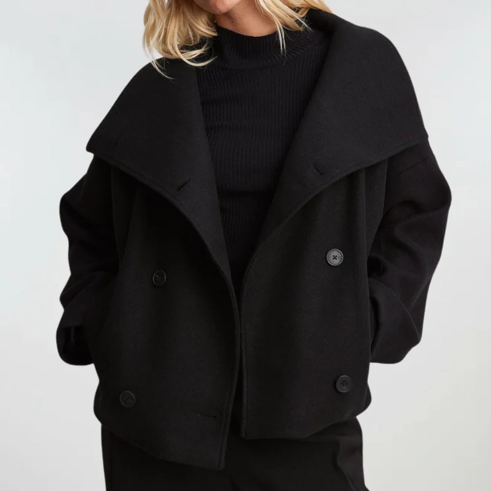 Women's double-breasted jacket with wide lapel and relaxed fit | L&S - 1 - London-stylehouse.com