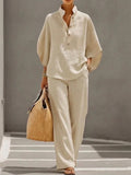 Two-Piece Set Women's with Stand-Up Collar Top and Wide-Leg Trousers | L&S - 1 - London-stylehouse.com