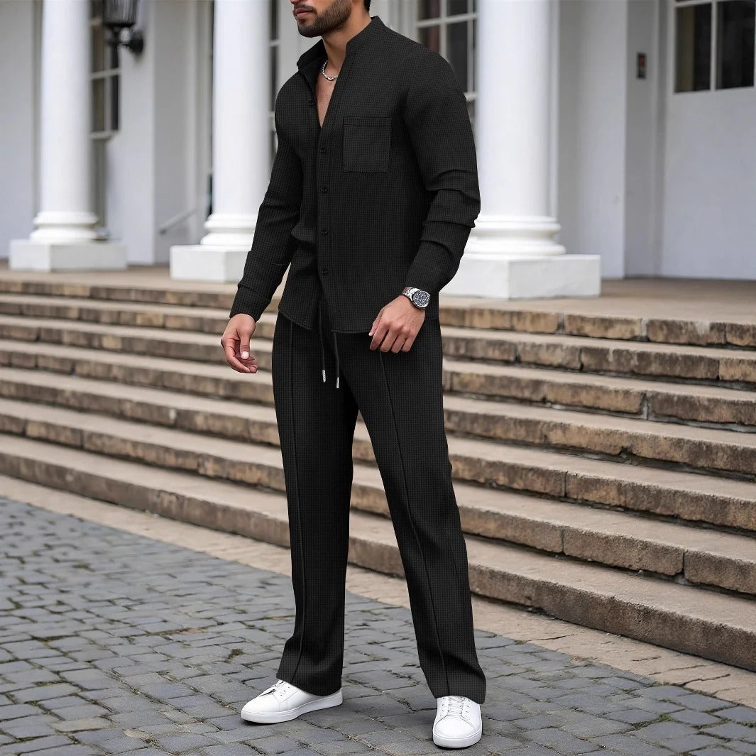 Men's Two-Piece Set with Button Placket and Tailored Trousers | L&S - 1 - London-stylehouse.com