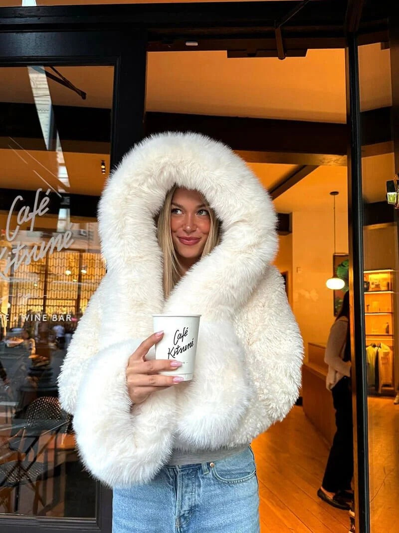 Cosy women's jacket with oversized hood and plush texture | L&S - 1 - London-stylehouse.com