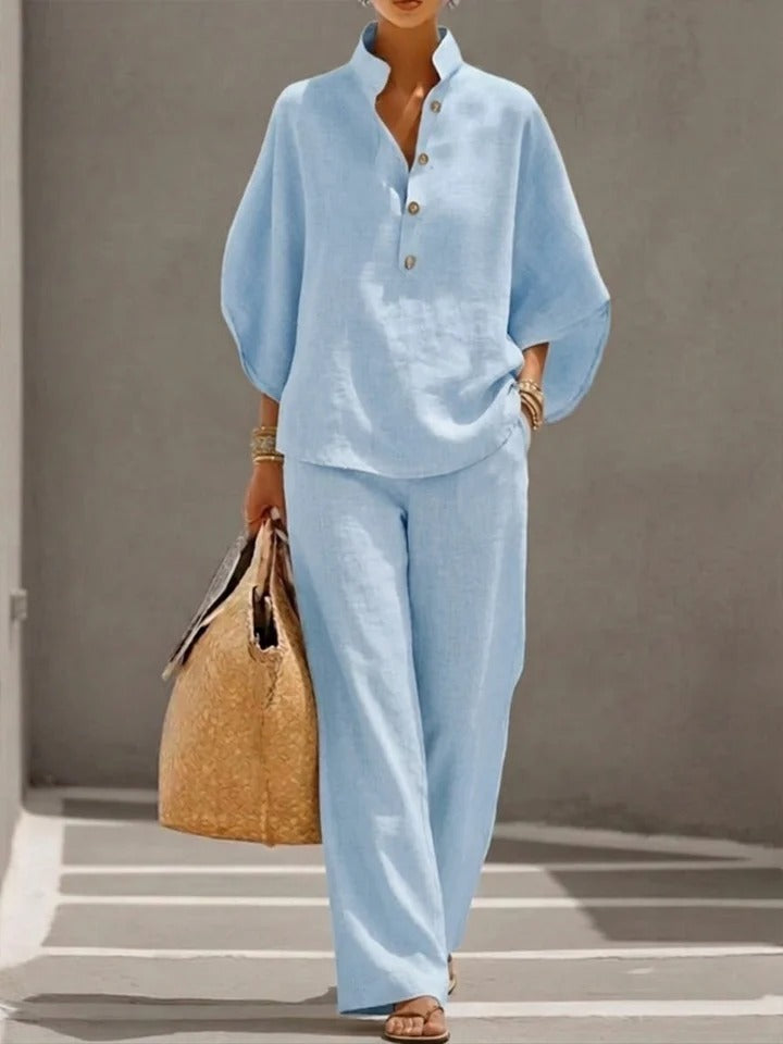 Two-Piece Set Women's with Stand-Up Collar Top and Wide-Leg Trousers | L&S - 2 - London-stylehouse.com