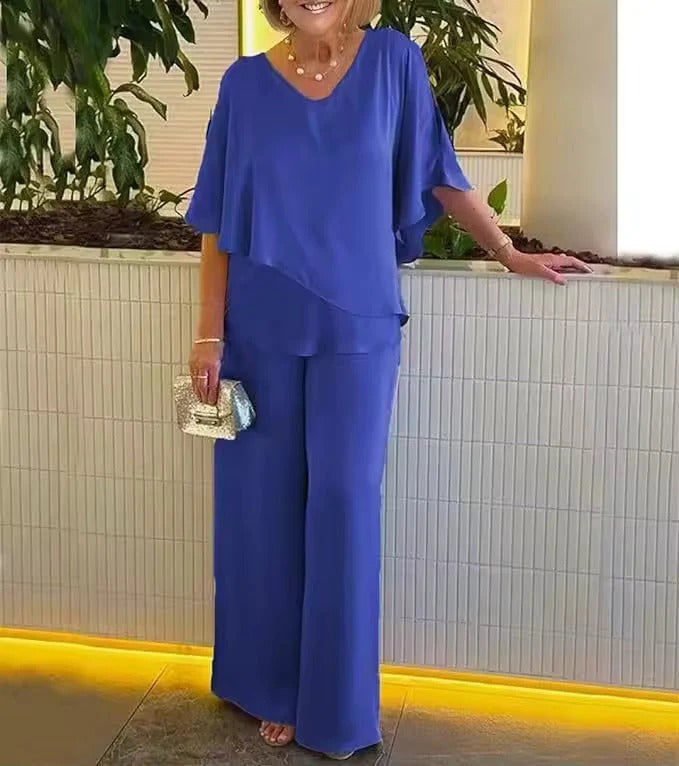 Two-Piece Set Women's with V-Neck and Flowy Silhouette | L&S - 1 - London-stylehouse.com