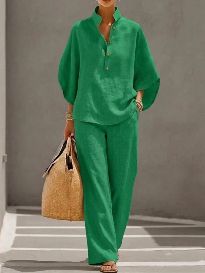 Two-Piece Set Women's with Stand-Up Collar Top and Wide-Leg Trousers | L&S - 3 - London-stylehouse.com
