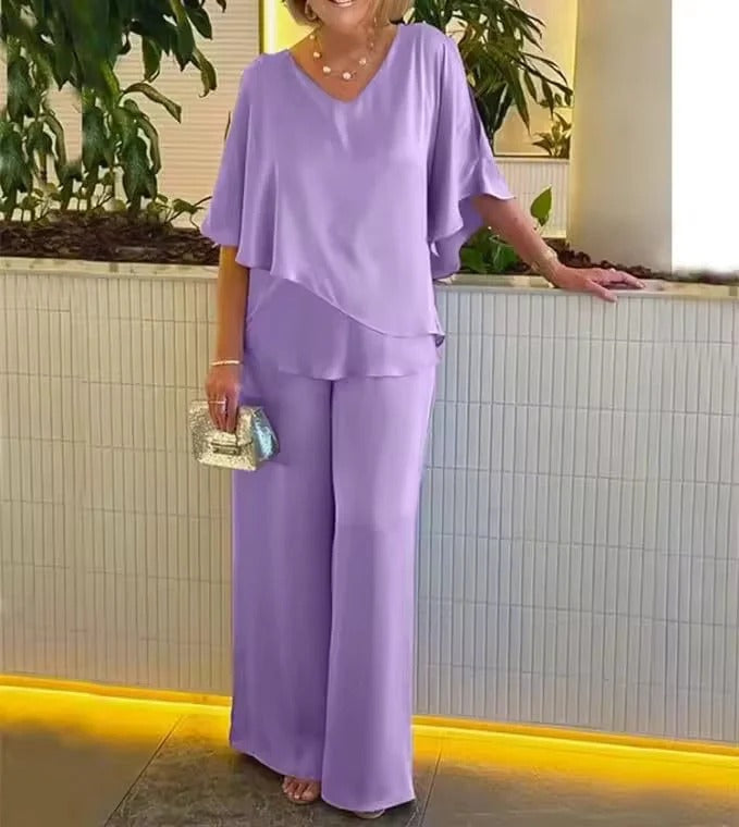 Two-Piece Set Women's with V-Neck and Flowy Silhouette | L&S - 2 - London-stylehouse.com
