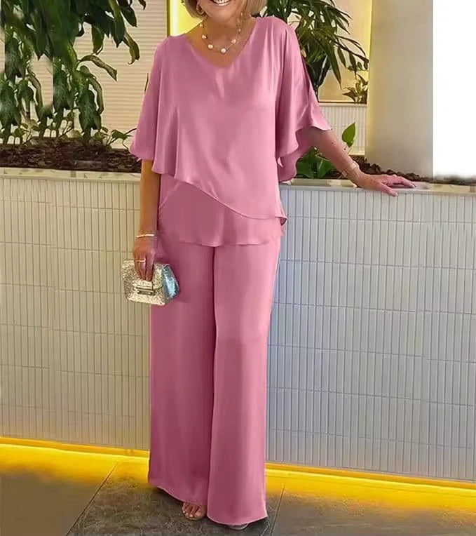 Two-Piece Set Women's with V-Neck and Flowy Silhouette | L&S - 3 - London-stylehouse.com