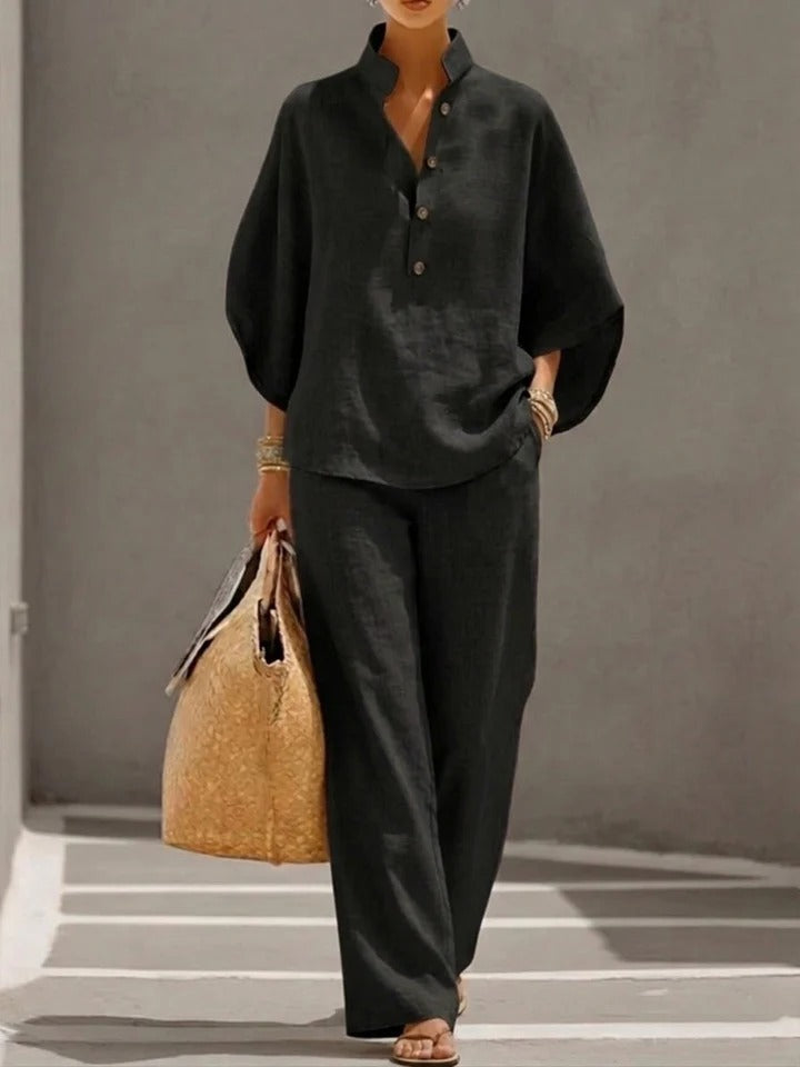 Two-Piece Set Women's with Stand-Up Collar Top and Wide-Leg Trousers | L&S - 5 - London-stylehouse.com