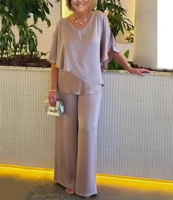 Two-Piece Set Women's with V-Neck and Flowy Silhouette | L&S - 4 - London-stylehouse.com
