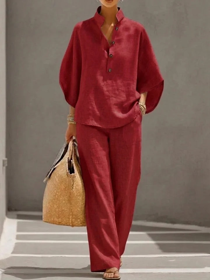 Two-Piece Set Women's with Stand-Up Collar Top and Wide-Leg Trousers | L&S - 6 - London-stylehouse.com