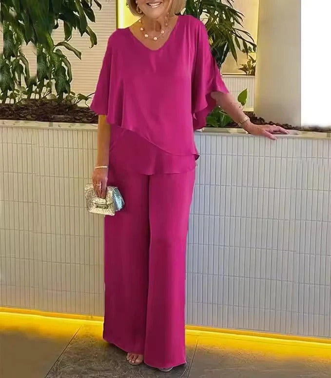 Two-Piece Set Women's with V-Neck and Flowy Silhouette | L&S - 5 - London-stylehouse.com