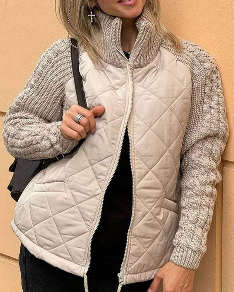 Women's quilted jacket with a high collar and textured sleeves | L&S - 1 - London-stylehouse.com