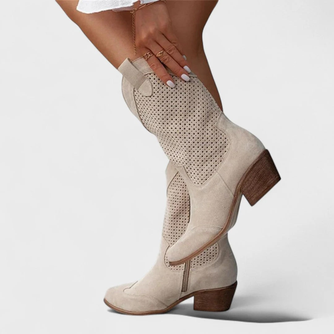 Women's Western-style boots with block heel + stylish perforated design | L&S - 1 - London-stylehouse.com