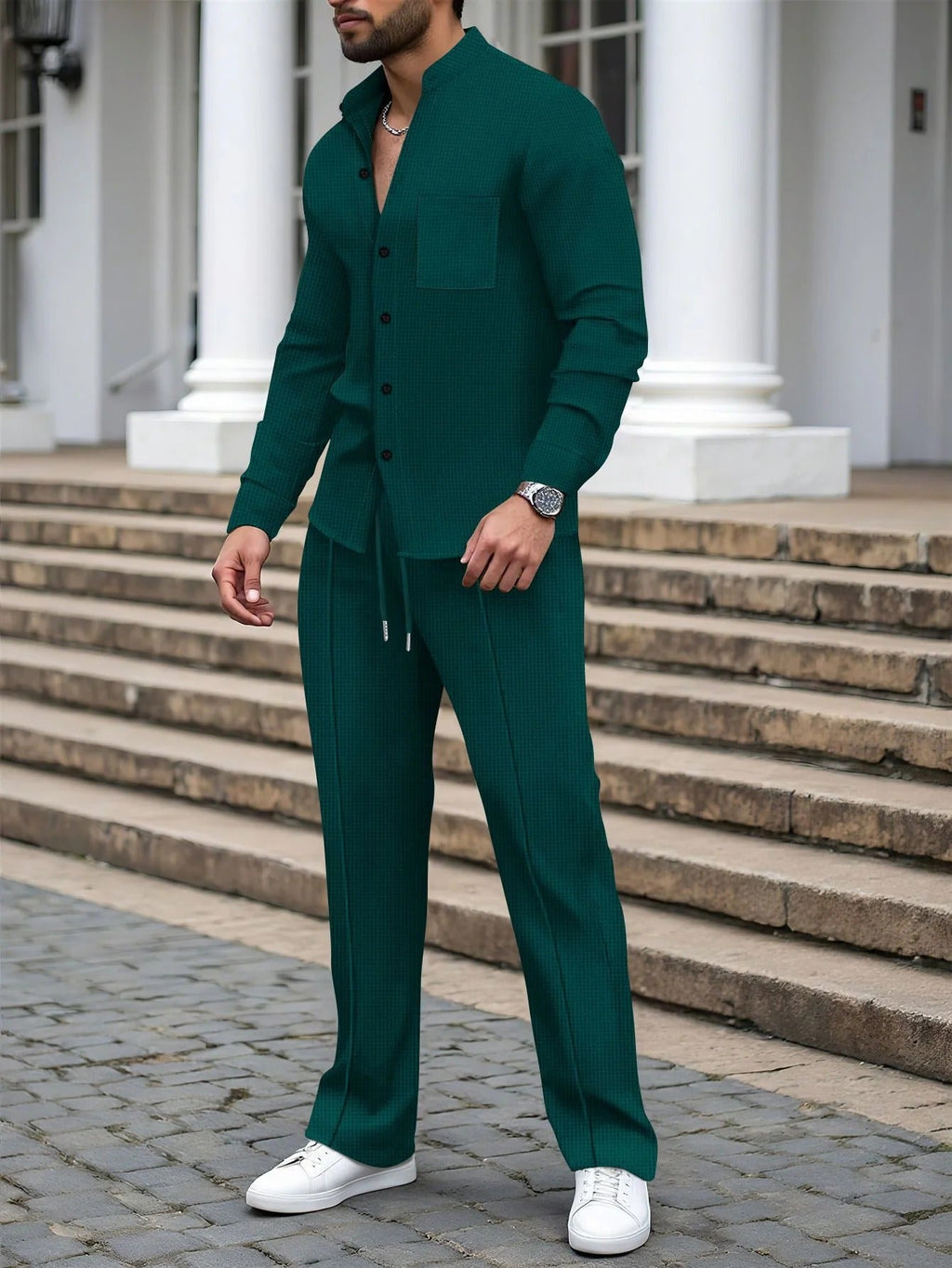 Men's Two-Piece Set with Button Placket and Tailored Trousers | L&S - 5 - London-stylehouse.com